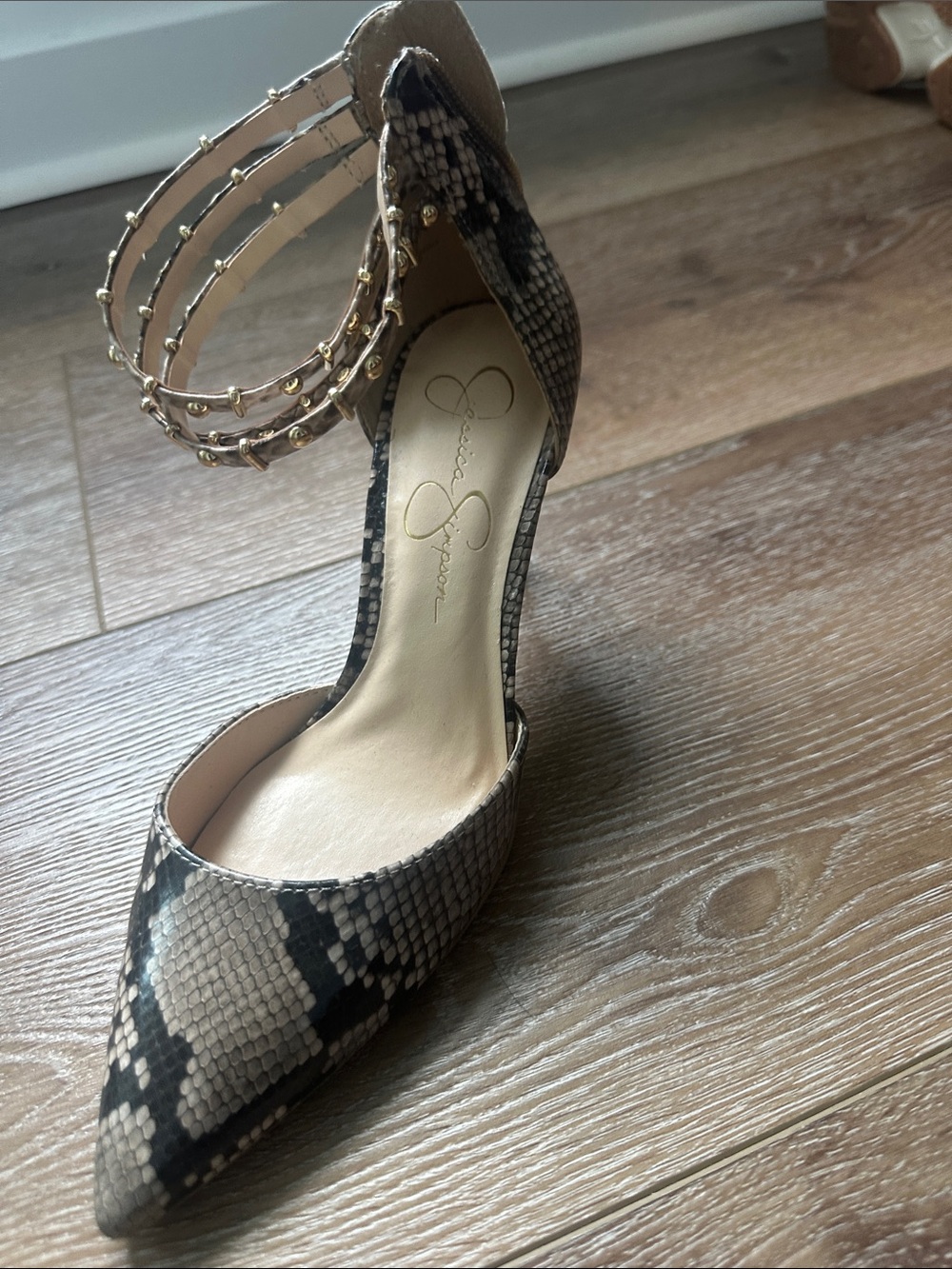 Jessica Simpson Snake-Print Pointed Toe Ankle-Strap Pump - Neutral